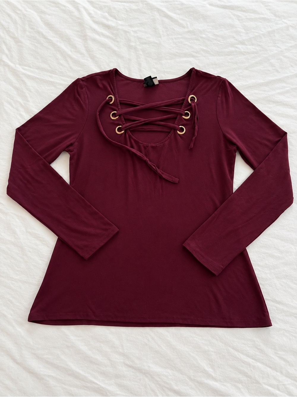Buckle Lace-Up Long Sleeve Top - Maroon
